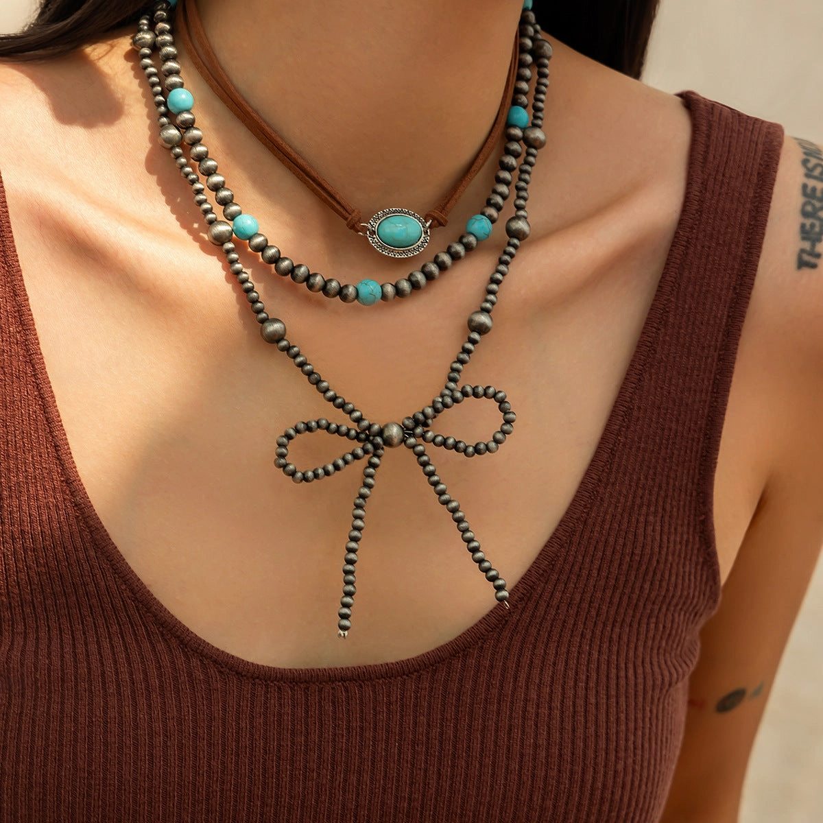 Wholesale Bohemian Layered Turquoise Bow Handmade Necklace