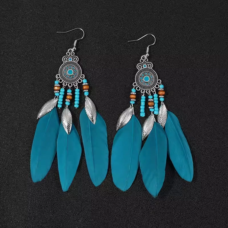 Wholesale Bohemian Long Feather Tassel Earrings