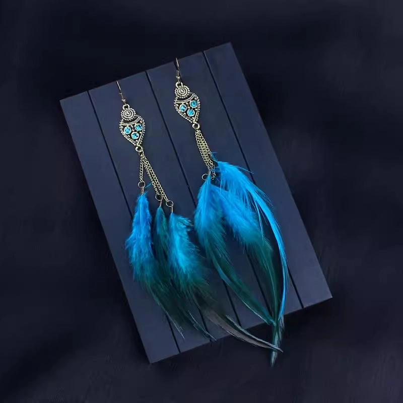 Wholesale Bohemian Long Feather Tassel Earrings