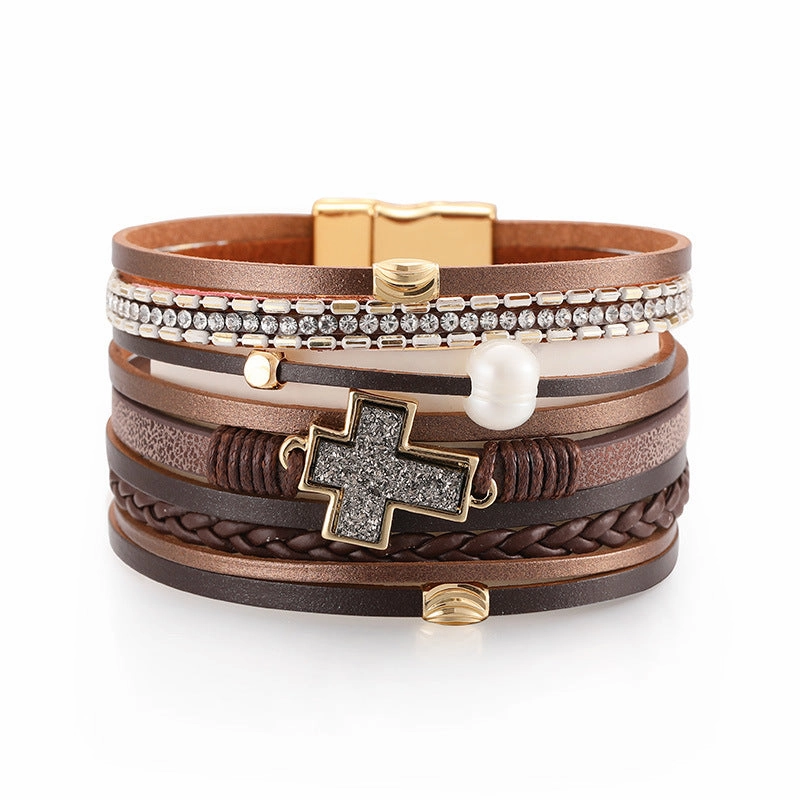 Wholesale Bohemian Multi-layered Braided Leather Cross Bracelet