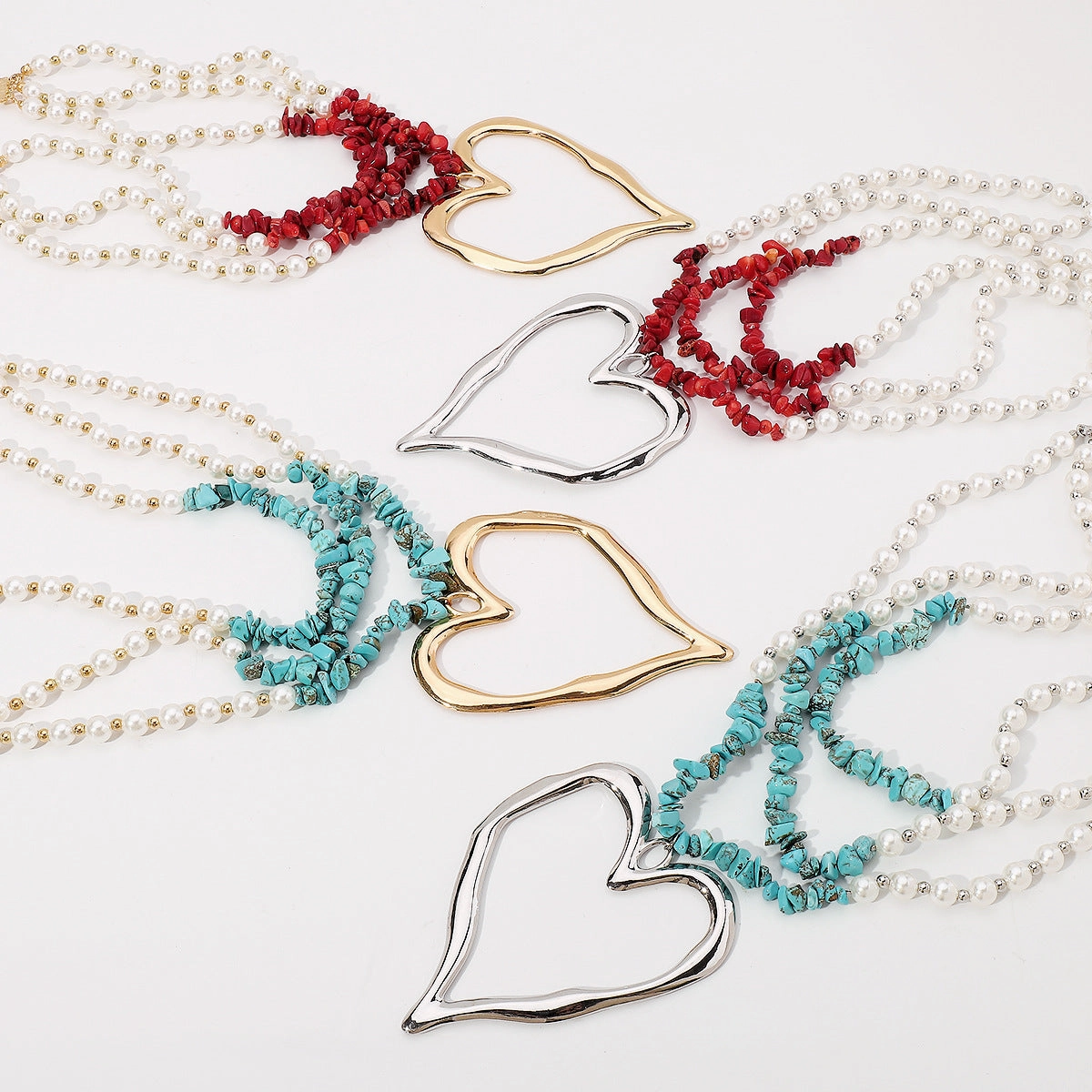 Wholesale Bohemian Multi-layered Large Heart Beaded Turquoise Necklace
