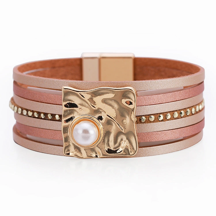 Wholesale Bohemian Multi-layered Leather Buckle with Pearl Bracelet