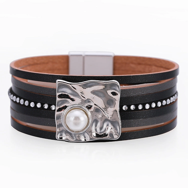 Wholesale Bohemian Multi-layered Leather Buckle with Pearl Bracelet