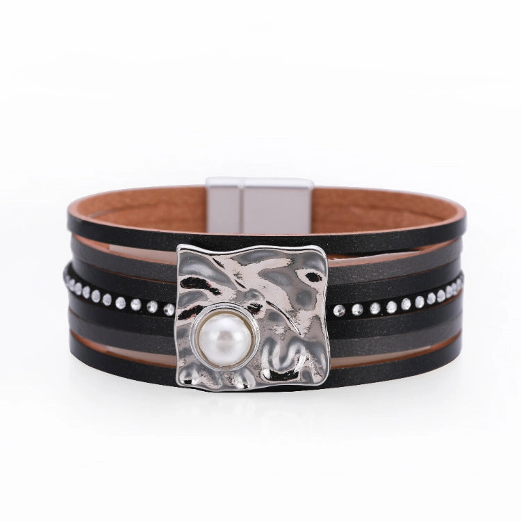 Wholesale Bohemian Multi-layered Leather Buckle with Pearl Bracelet