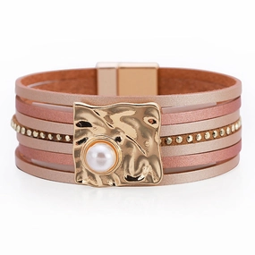 Wholesale Bohemian Multi-layered Leather Buckle with Pearl Bracelet