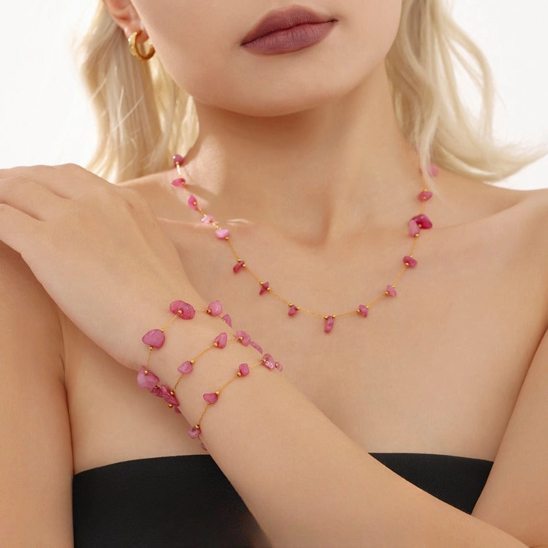 Wholesale Bohemian Pink Natural Stone Light Luxury Handmade Clavicle Necklace Bracelet Stainless Steel Women's Exquisite Set