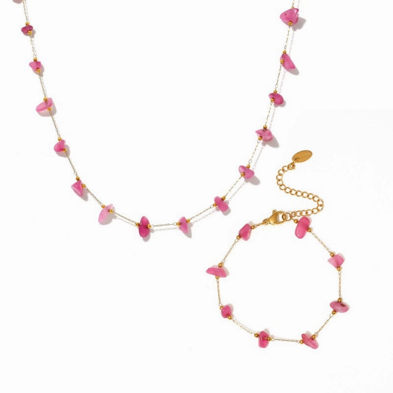 Wholesale Bohemian Pink Natural Stone Light Luxury Handmade Clavicle Necklace Bracelet Stainless Steel Women's Exquisite Set