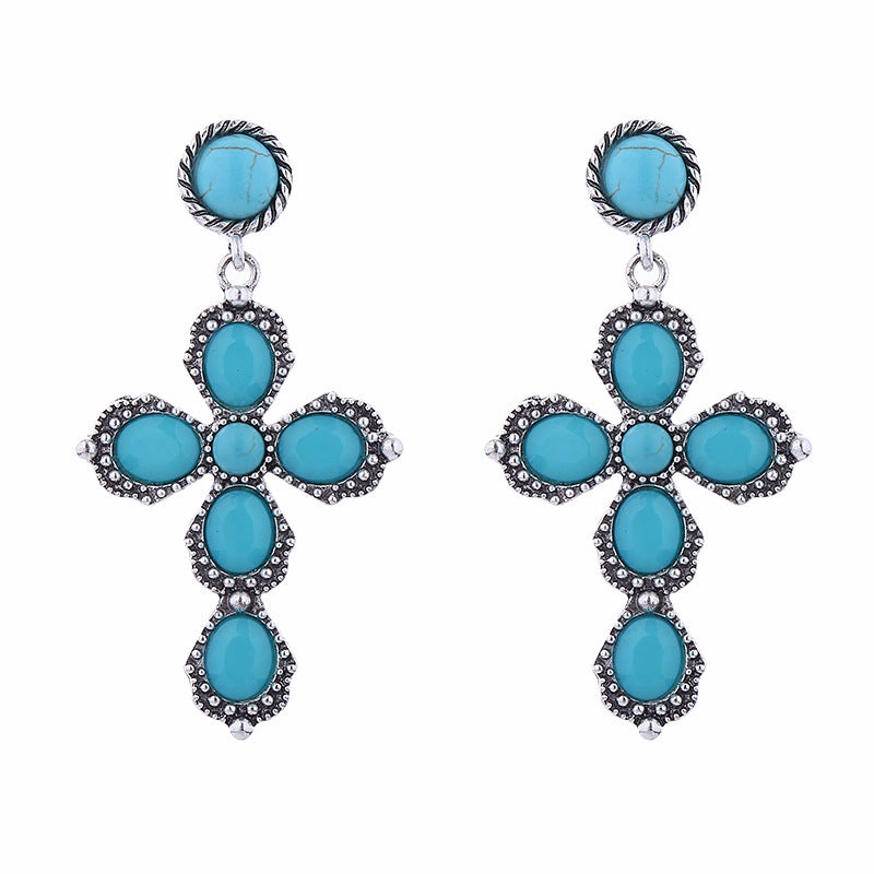 Wholesale Bohemian Retro Ethnic Style Alloy Turquoise Cross Earrings