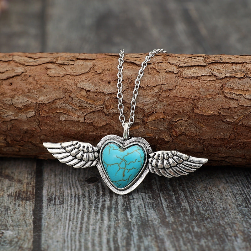 Wholesale Bohemian Retro Gothic Heart Turquoise Wings Alloy Pendant Necklaces