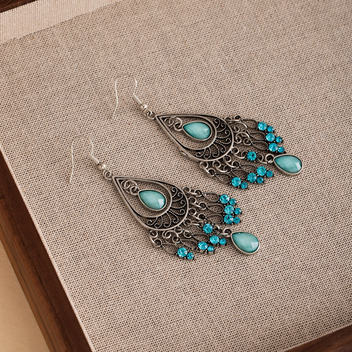 Wholesale Bohemian Retro Long Peacock Feather Diamond Tassel Earrings