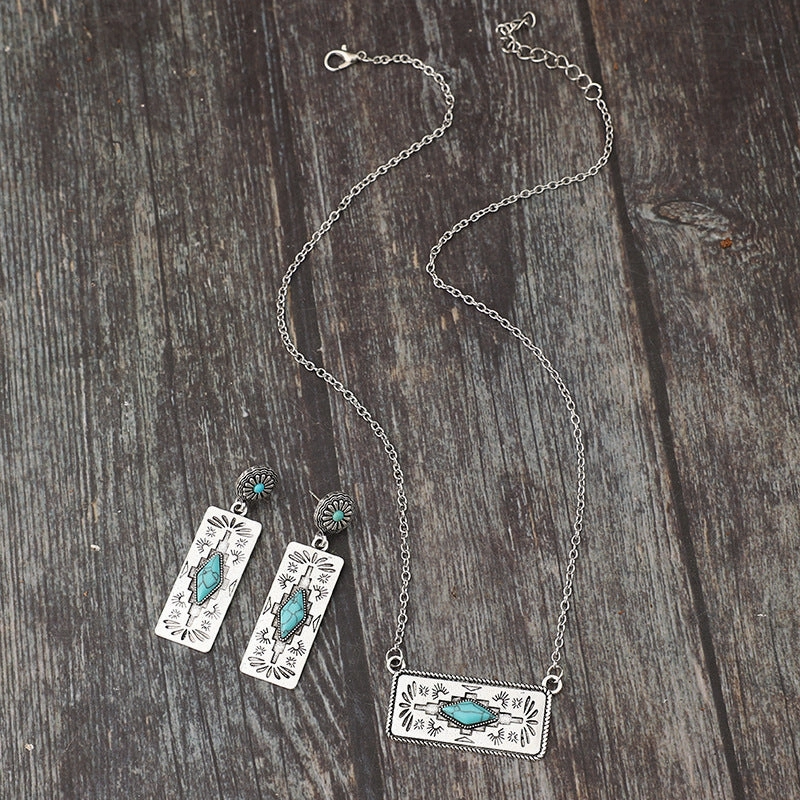 Wholesale Bohemian Retro Pumpkin Flower Splicing Geometric Turquoise Alloy Earrings Necklace Set