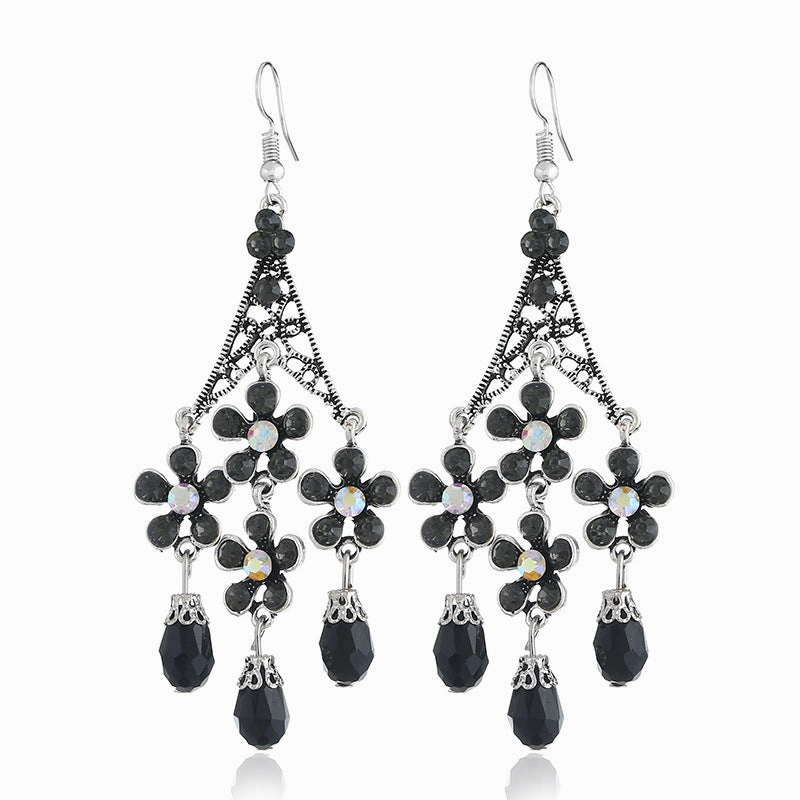 Wholesale Bohemian Retro Tassel Exaggerated Hollow Long Floral Crystal Earrings