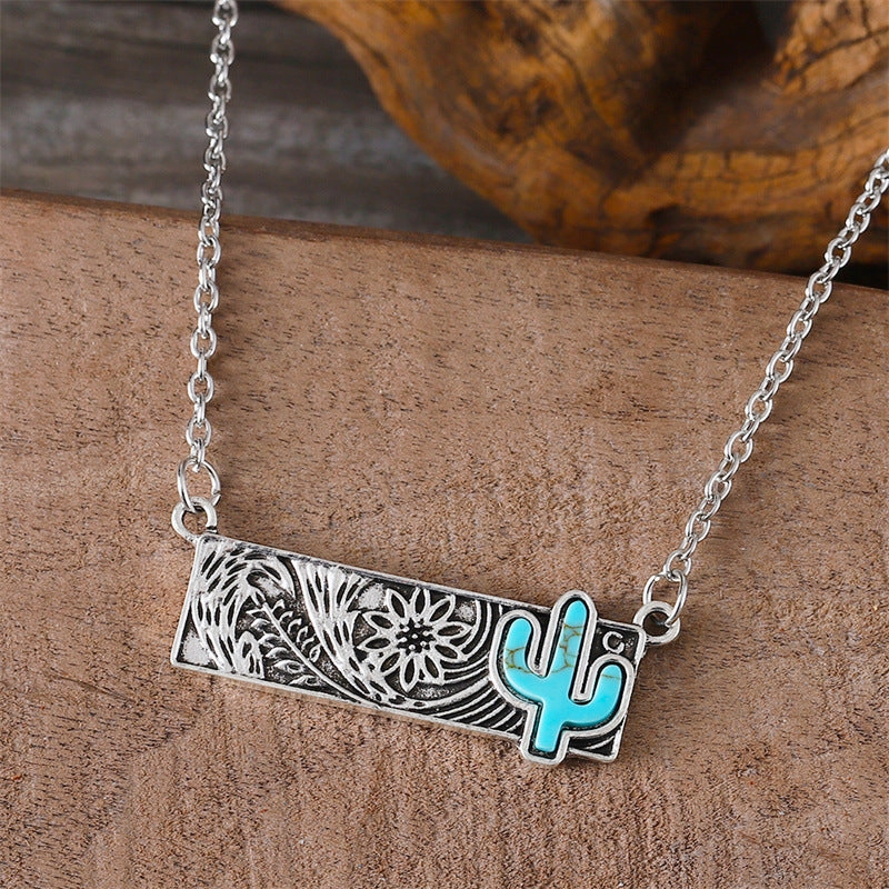 Wholesale Bohemian Square Turquoise Cactus Western Style Necklace