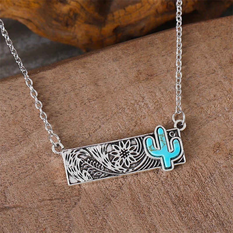 Wholesale Bohemian Square Turquoise Cactus Western Style Necklace