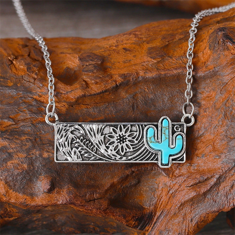 Wholesale Bohemian Square Turquoise Cactus Western Style Necklace