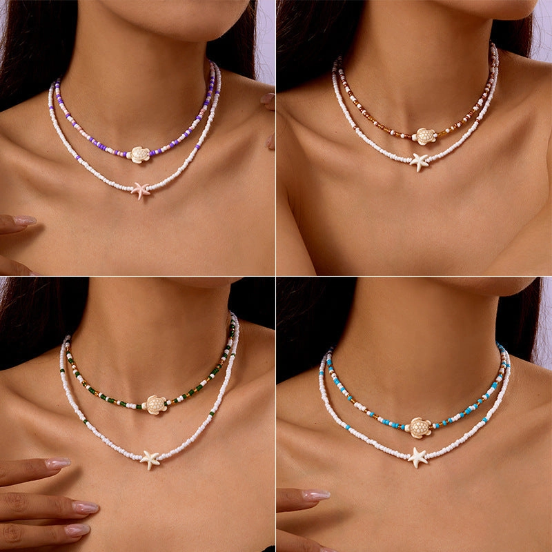 Wholesale Bohemian Starfish Colorful Rice Bead Necklace Set
