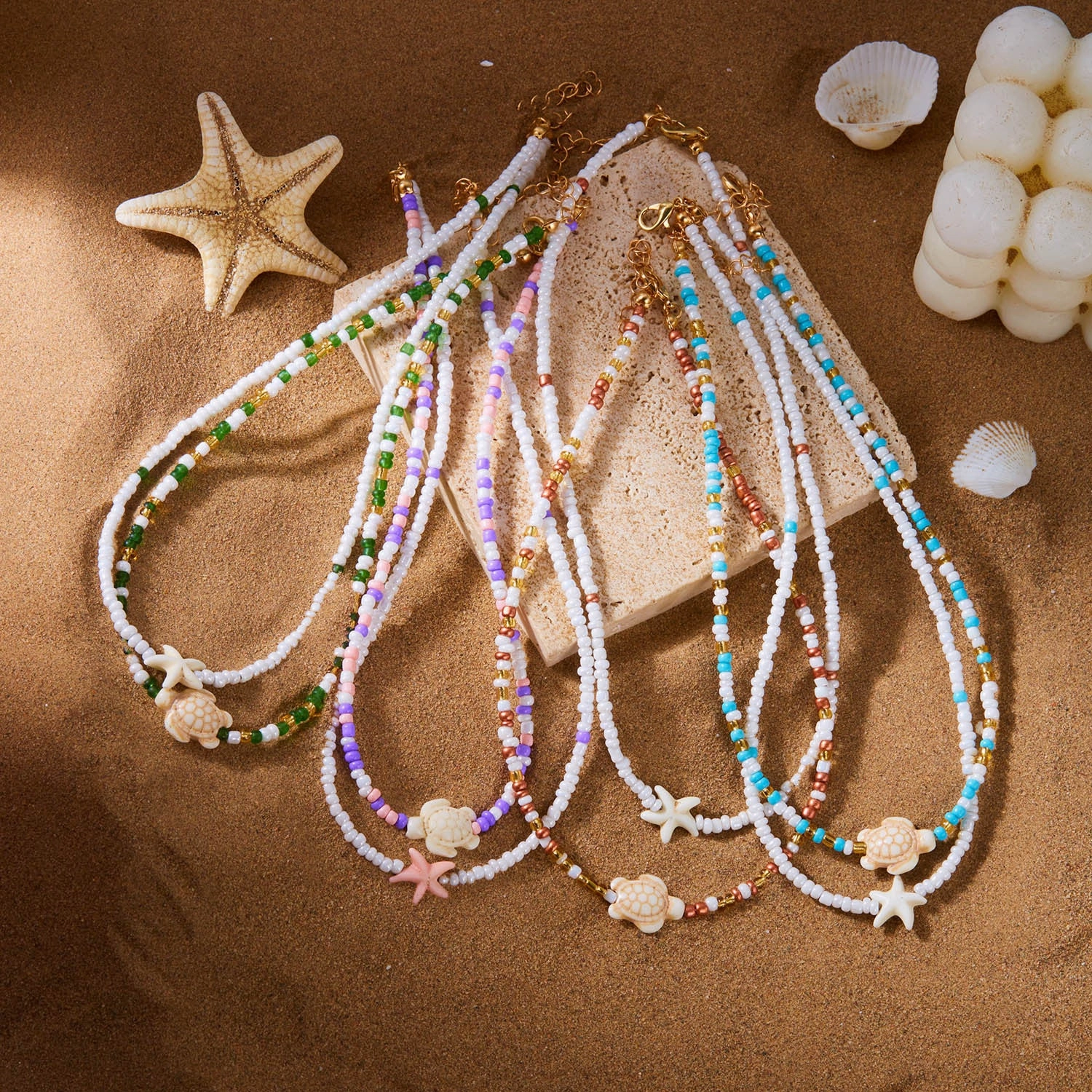 Wholesale Bohemian Starfish Colorful Rice Bead Necklace Set