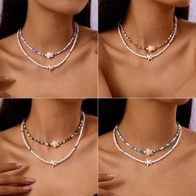 Wholesale Bohemian Starfish Colorful Rice Bead Necklace Set