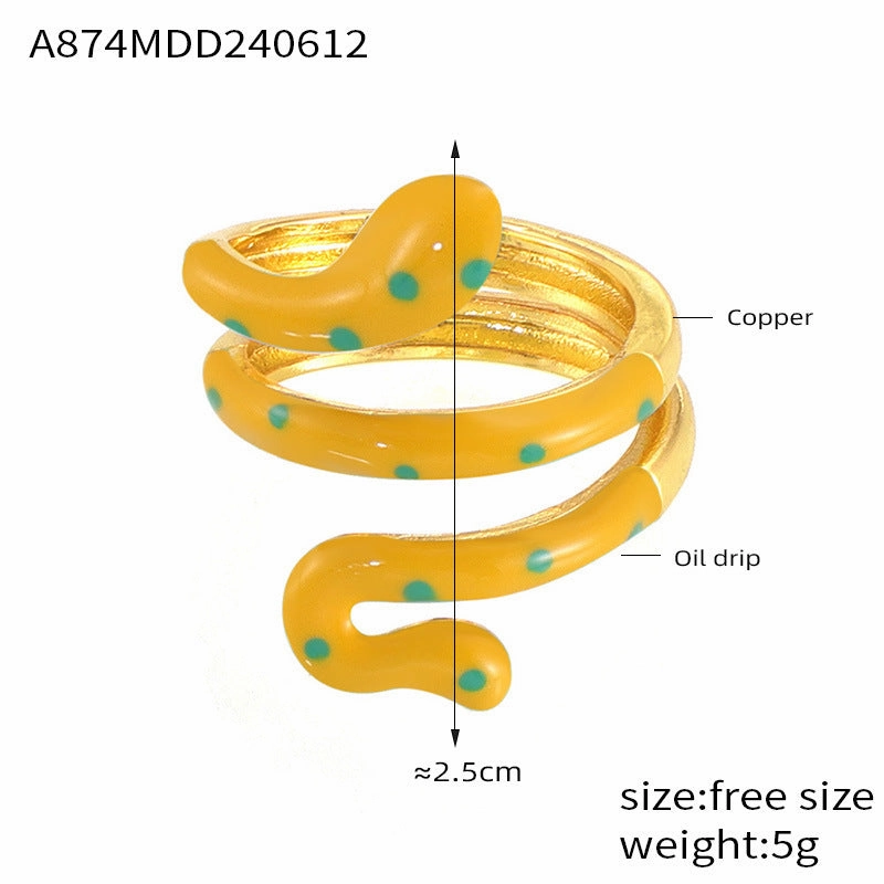 Wholesale Bohemian style color oil drop snake copper ring ins sweet cool hot girl open finger ring color retention in stock supply