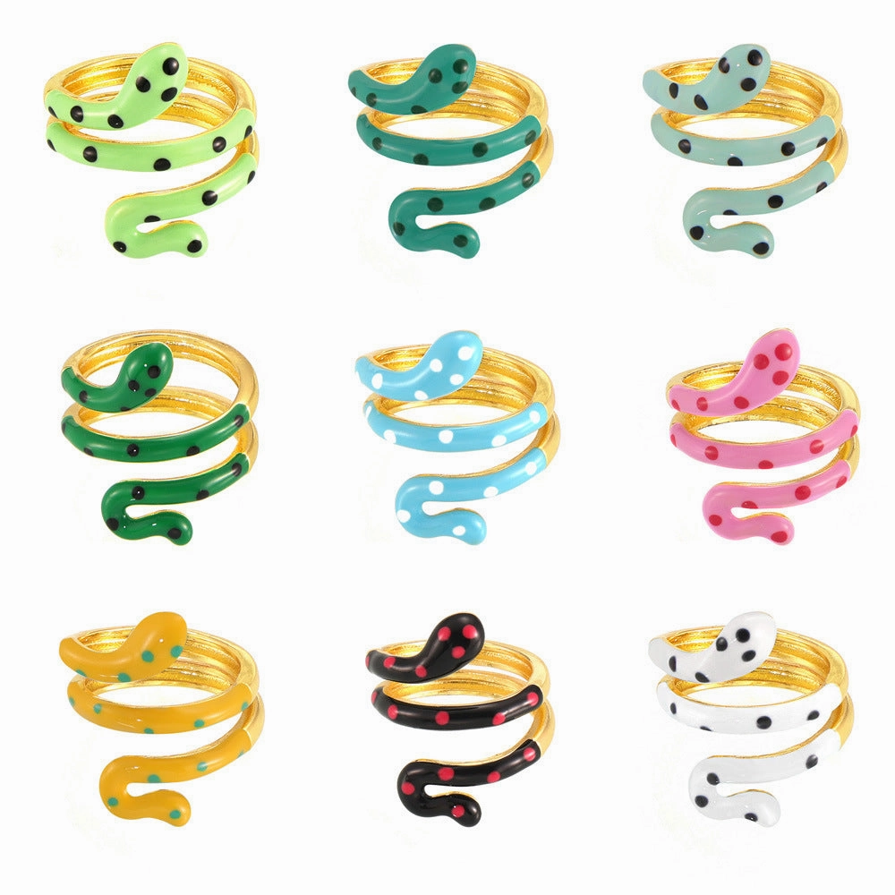 Wholesale Bohemian style color oil drop snake copper ring ins sweet cool hot girl open finger ring color retention in stock supply