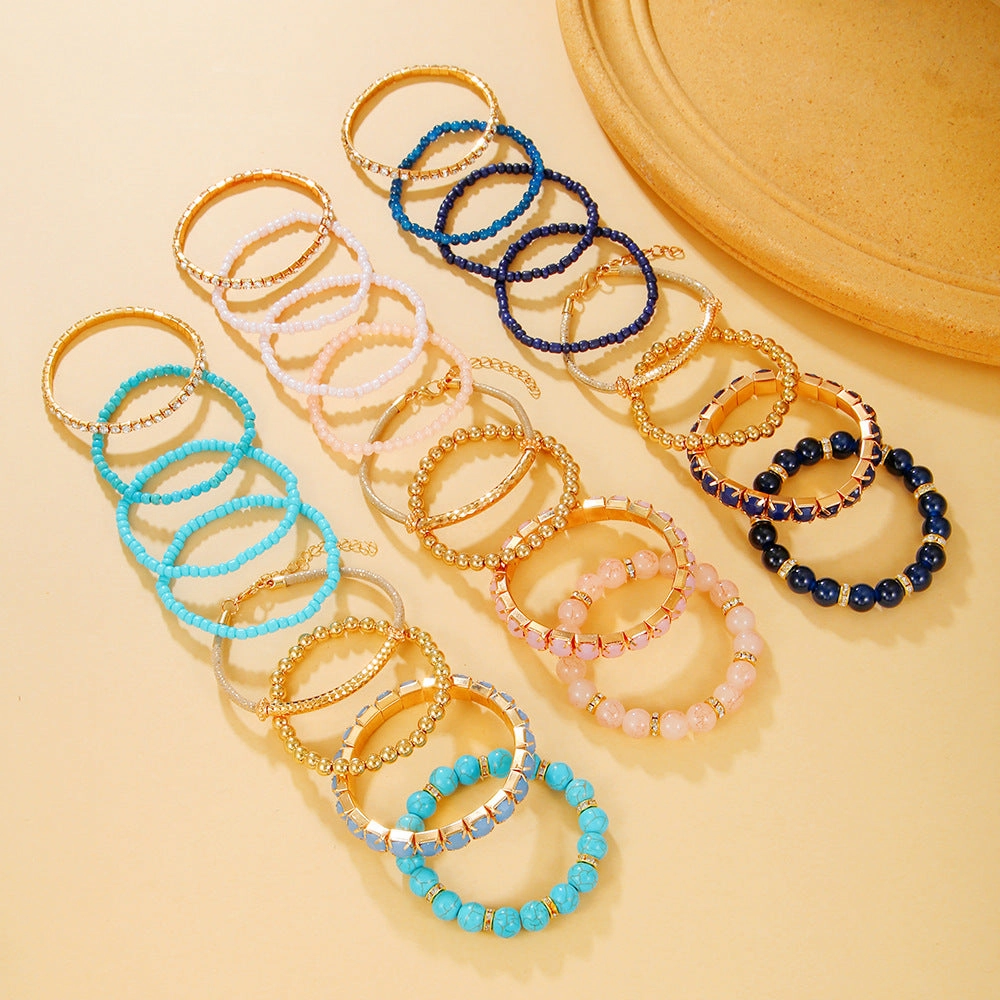 Wholesale Bohemian Turquoise Round Beads Vintage Elastic Rhinestone Rice Beads Bracelet Set