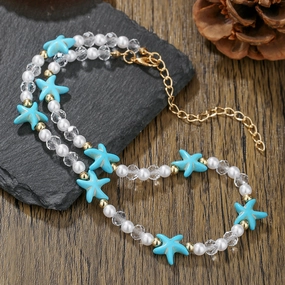 Wholesale Bohemian turquoise starfish pearl crystal necklace clavicle chain