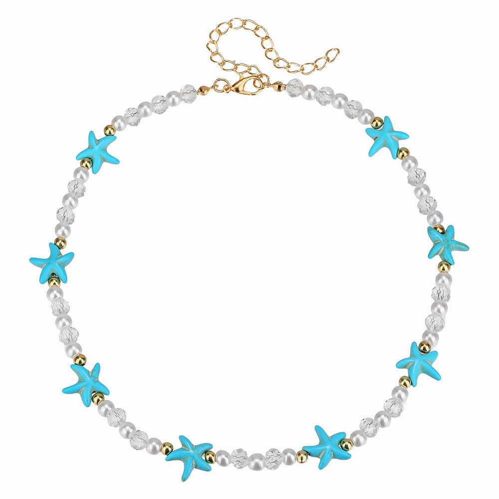 Wholesale Bohemian turquoise starfish pearl crystal necklace clavicle chain