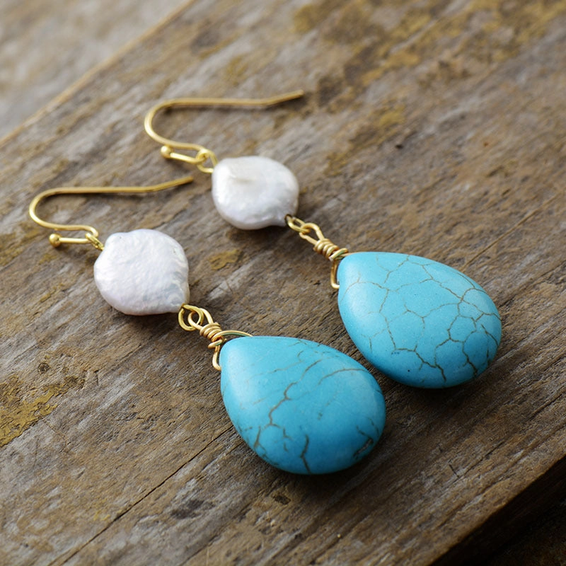 Wholesale Bohemian Turquoise Water Drop Pearl Natural Stone Pendant Earrings