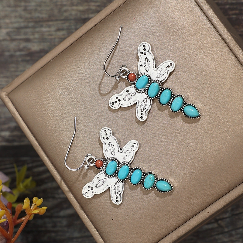 Wholesale Bohemian Vintage Natural Turquoise Dragonfly Alloy Earrings