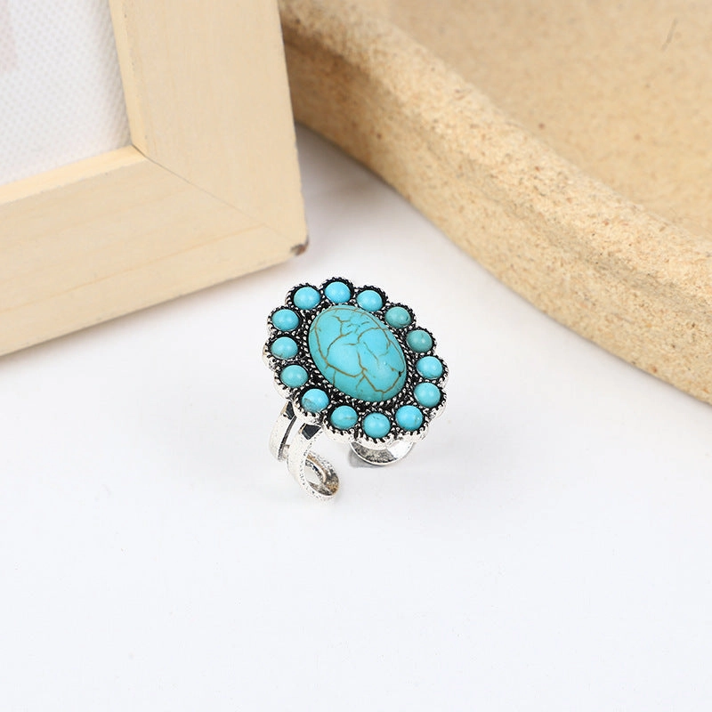 Wholesale Bohemian Western ethnic turquoise carved feather ring