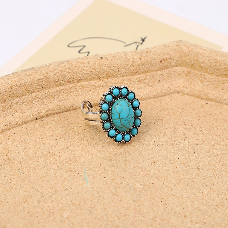 Wholesale Bohemian Western ethnic turquoise carved feather ring