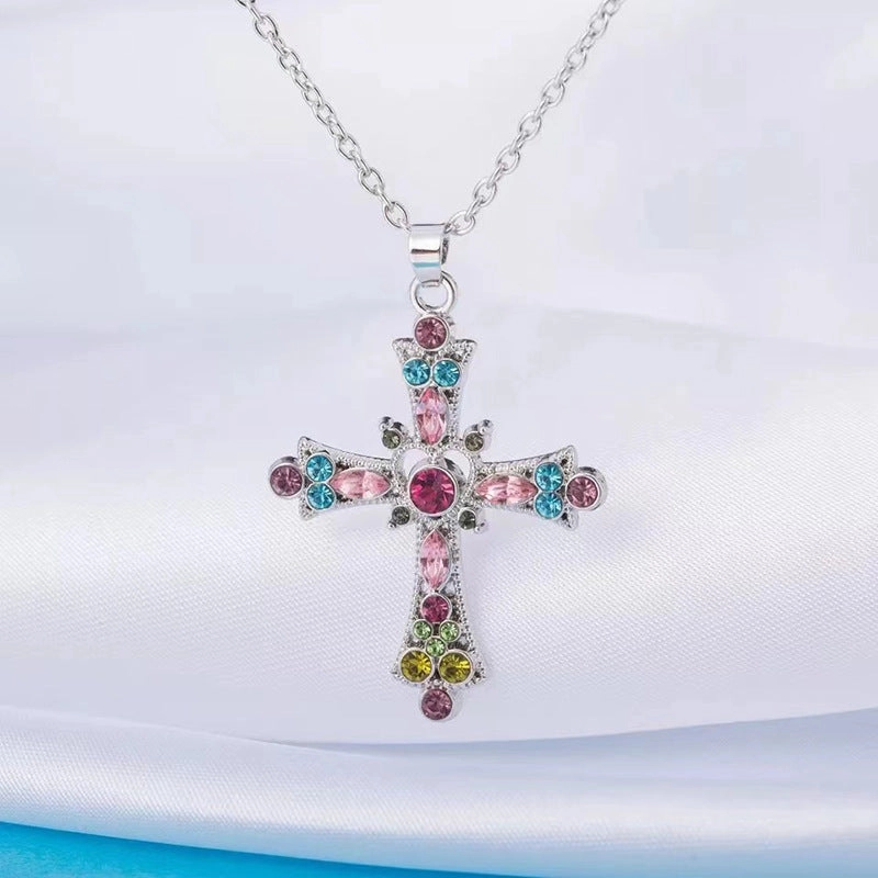 Wholesale Boho Style Crystal Diamond Colorful Cross Collarbone Necklace