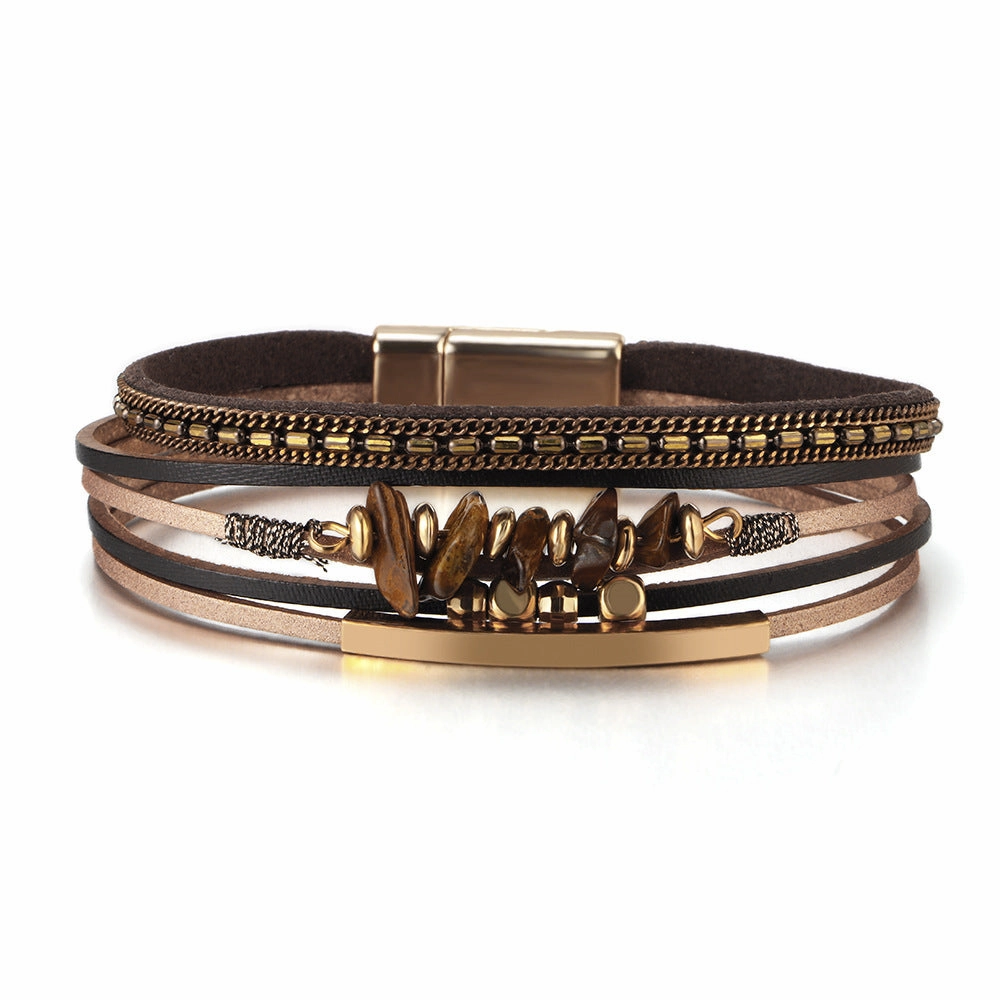 Wholesale Boho Style Natural Stone Beaded Leather Magnetic Bracelet