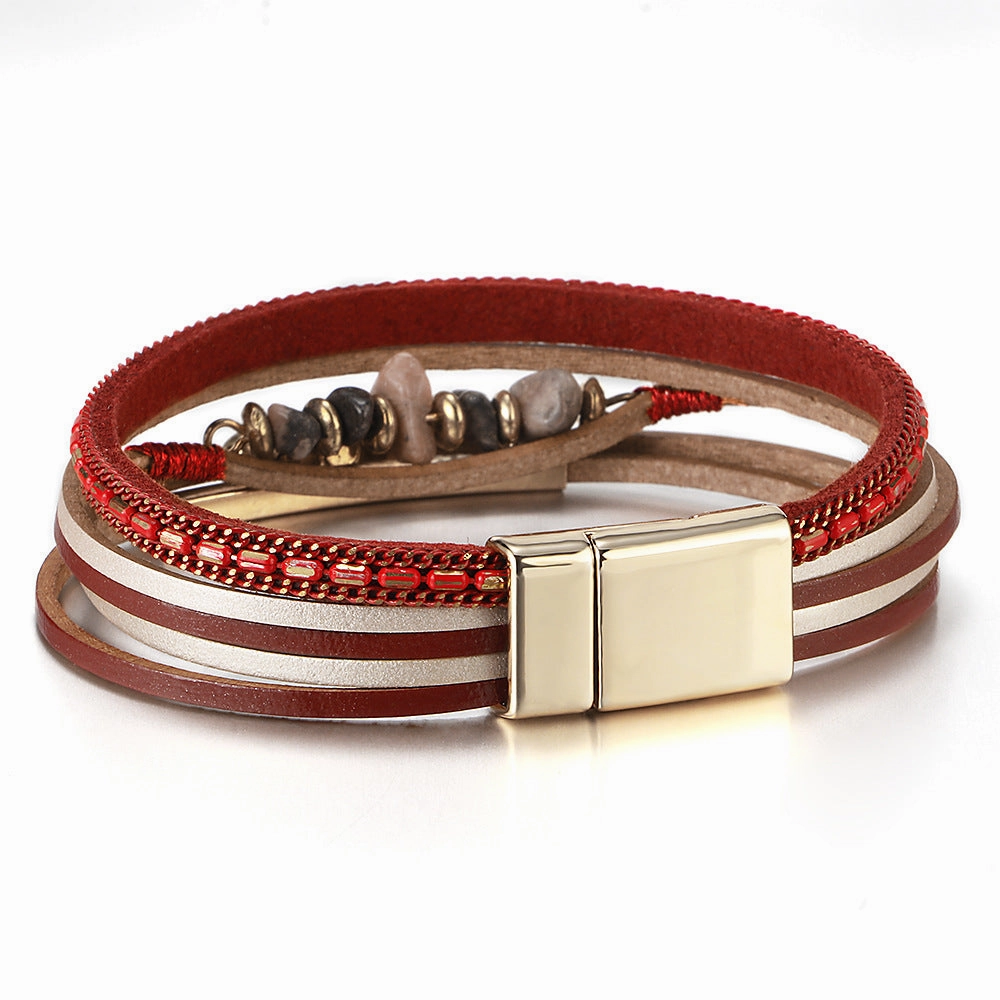 Wholesale Boho Style Natural Stone Beaded Leather Magnetic Bracelet