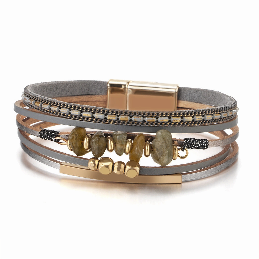 Wholesale Boho Style Natural Stone Beaded Leather Magnetic Bracelet