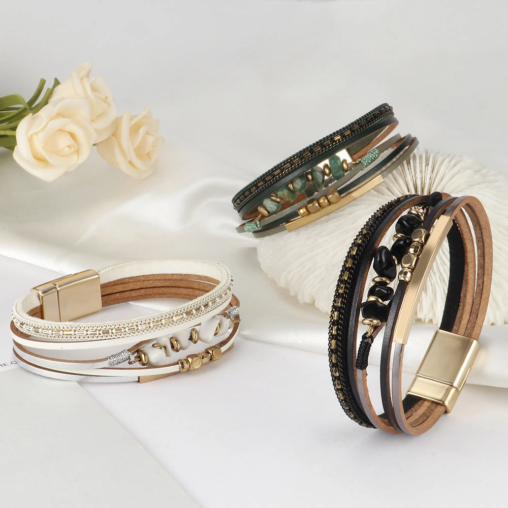Wholesale Boho Style Natural Stone Beaded Leather Magnetic Bracelet