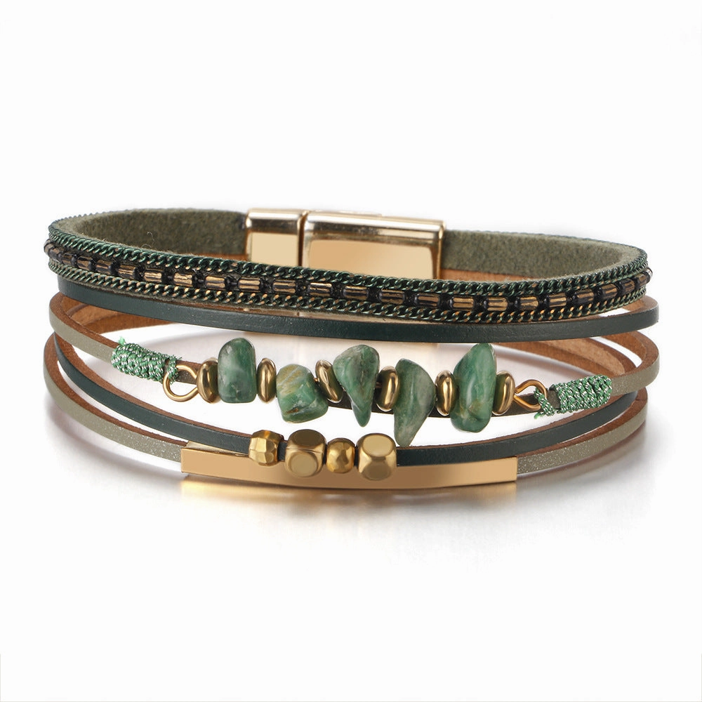 Wholesale Boho Style Natural Stone Beaded Leather Magnetic Bracelet