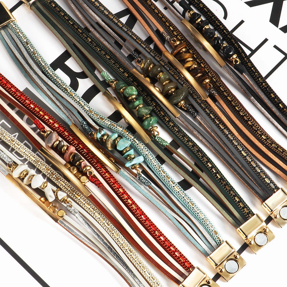 Wholesale Boho Style Natural Stone Beaded Leather Magnetic Bracelet