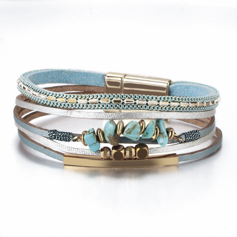 Wholesale Boho Style Natural Stone Beaded Leather Magnetic Bracelet