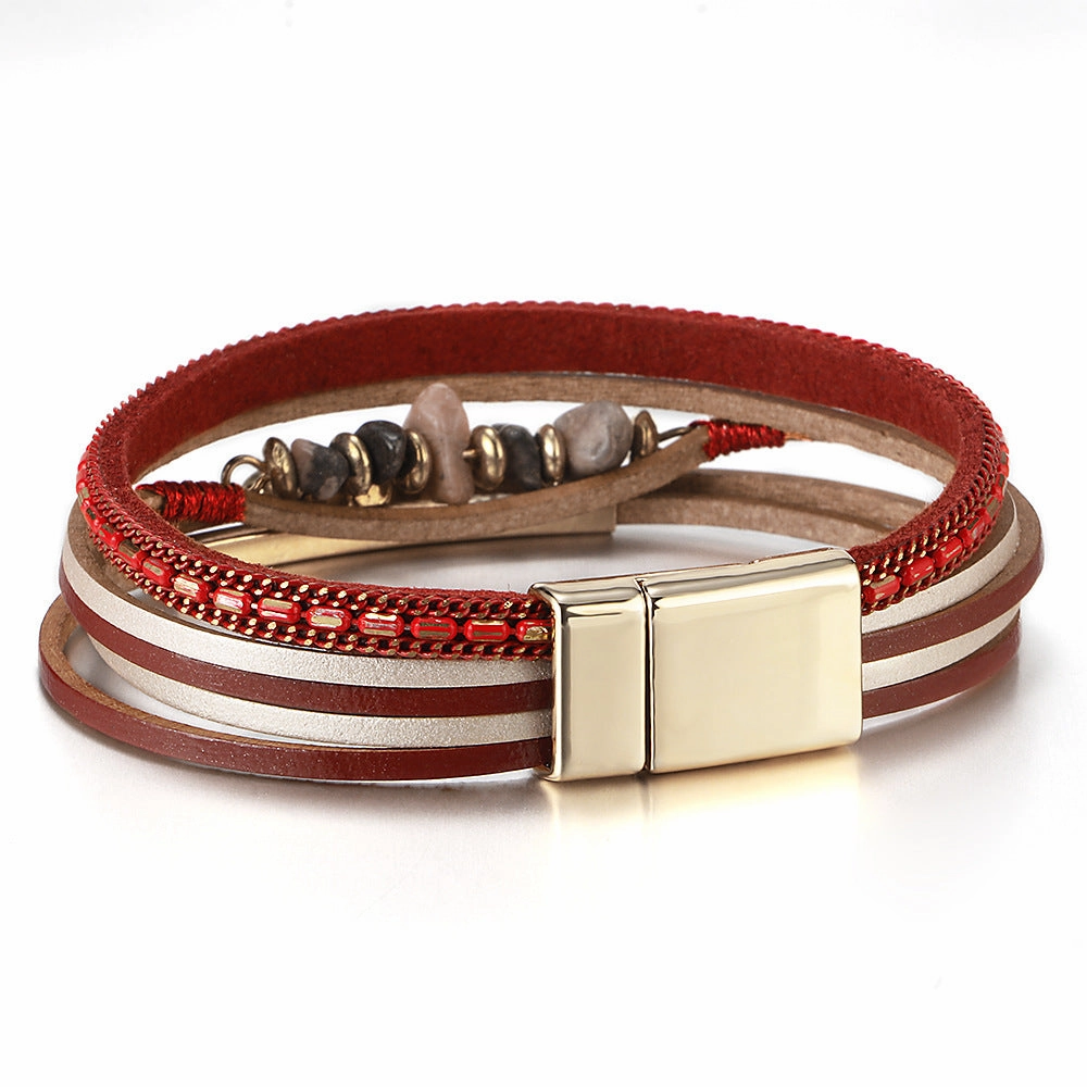 Wholesale Boho Style Natural Stone Beaded Leather Magnetic Bracelet