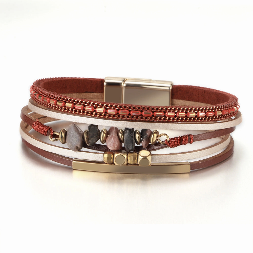 Wholesale Boho Style Natural Stone Beaded Leather Magnetic Bracelet