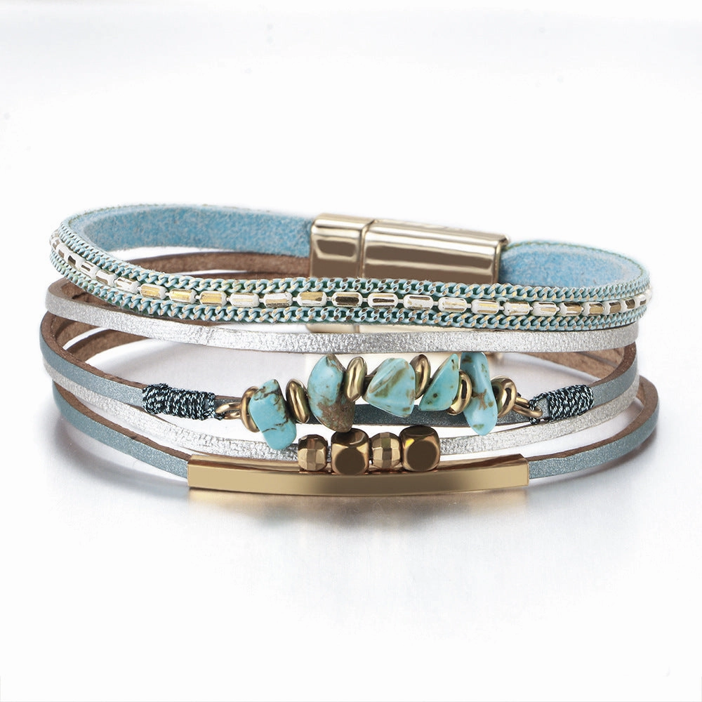 Wholesale Boho Style Natural Stone Beaded Leather Magnetic Bracelet