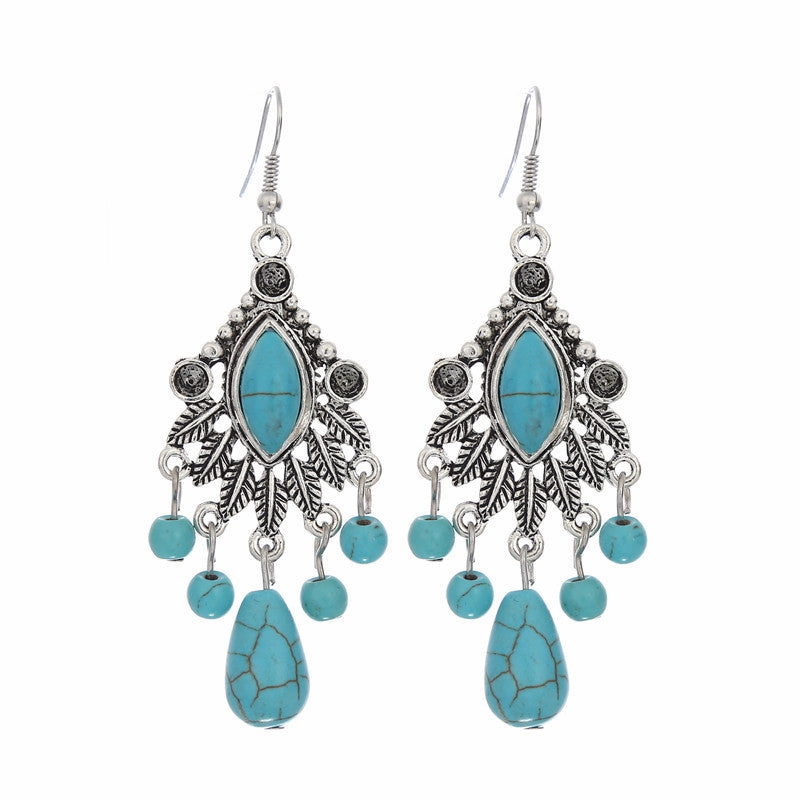 Wholesale Boho Vintage Carved Turquoise Drop Tassel Earrings