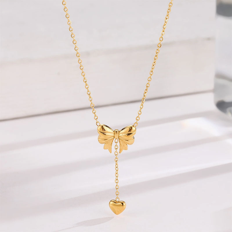 Wholesale Bow Heart Tassel Titanium Steel Necklace