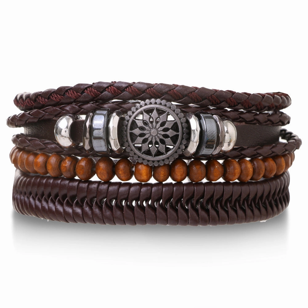 Wholesale Braided Leather Multi-layer Skull Men's Bracelet