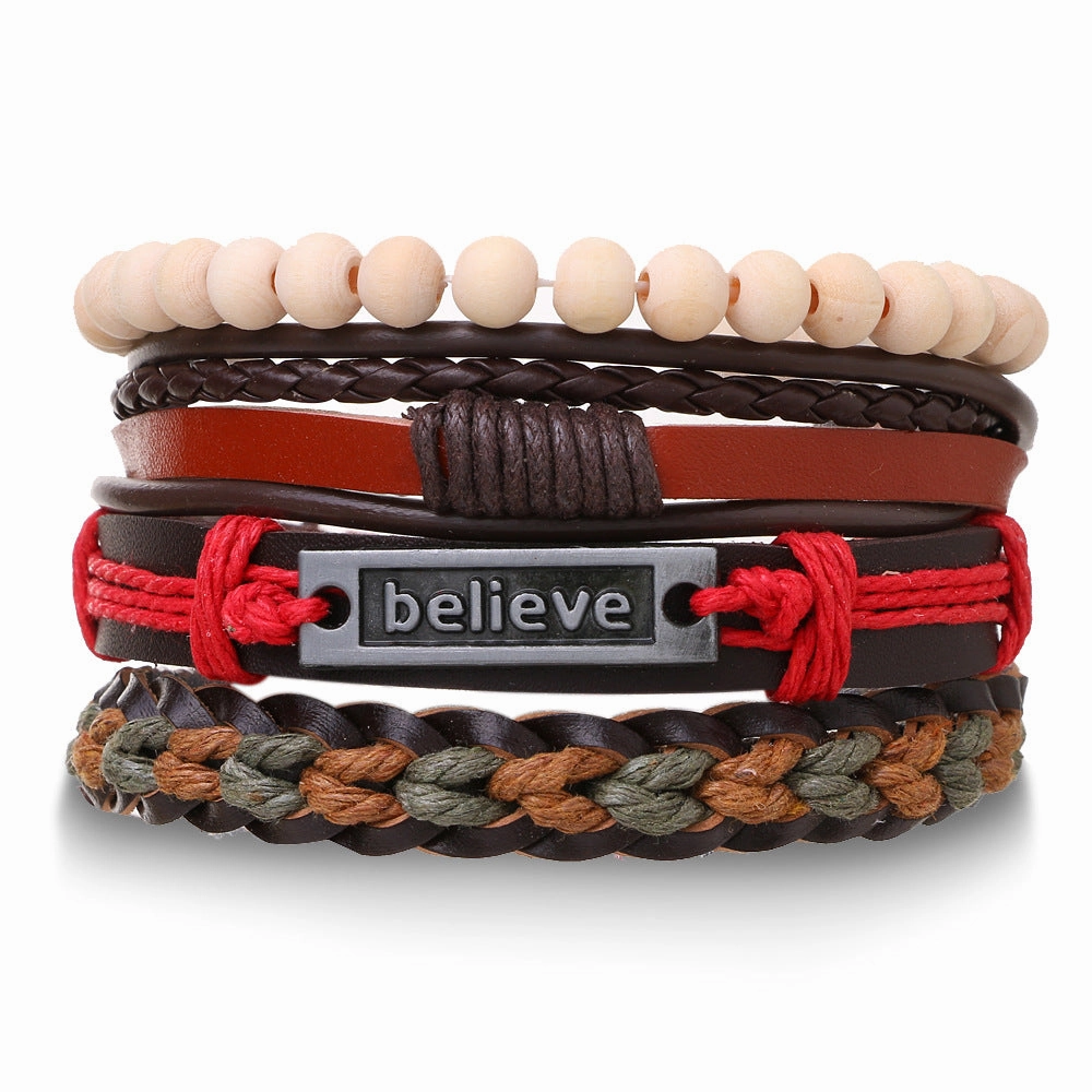 Wholesale Braided Leather Multi-layer Skull Men's Bracelet