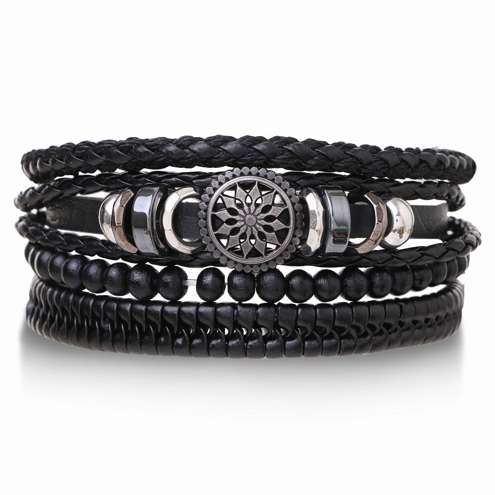 Wholesale Braided Leather Multi-layer Skull Men's Bracelet