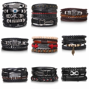 Wholesale Braided Leather Multi-layer Skull Men's Bracelet