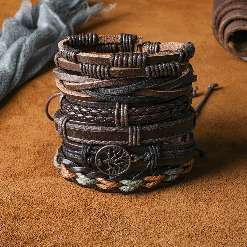Wholesale Braided  Tree of Life Multilayer Genuine Leather Men's Bracelet