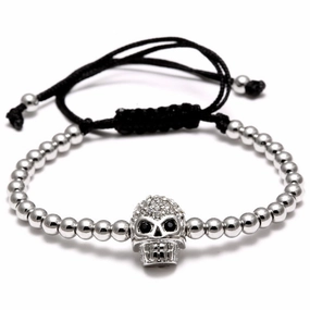 Wholesale Braided Zircon 4mm Copper Beads Skull Men's Adjustable Bracelet